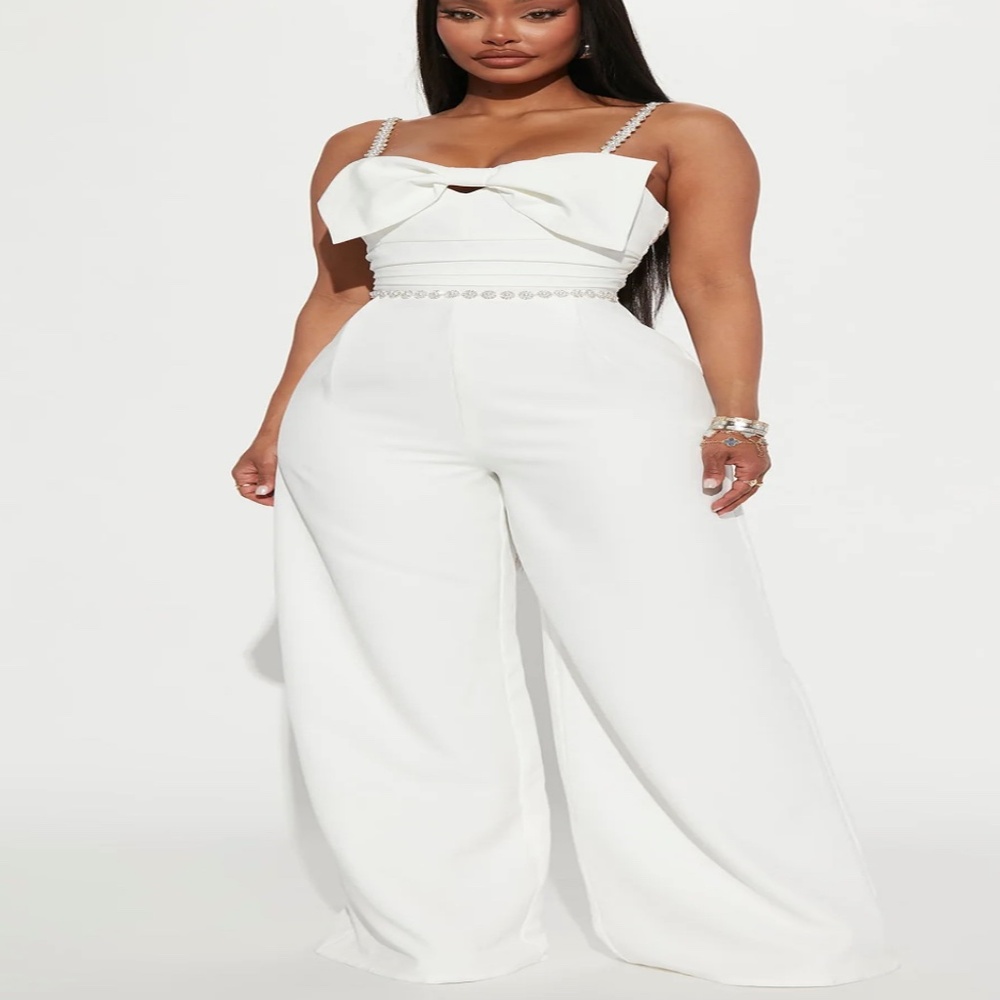 Fashionnova embellished bow jumpsuit in white and size Medium